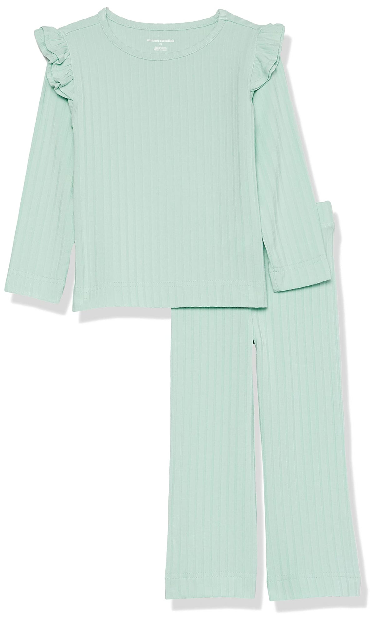 Amazon Essentials Girls' Wide-Rib Ruffle Top and Flare Pants Outfit Set, Pack of 2