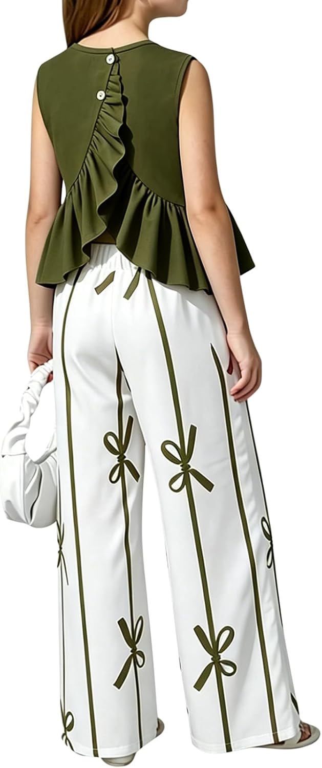 Ayzozuy Girls 2 Piece Outfit Sleeveless Peplum Top and Bow Print Wide Leg Pants Clothes for Tween Girls 7-14Y