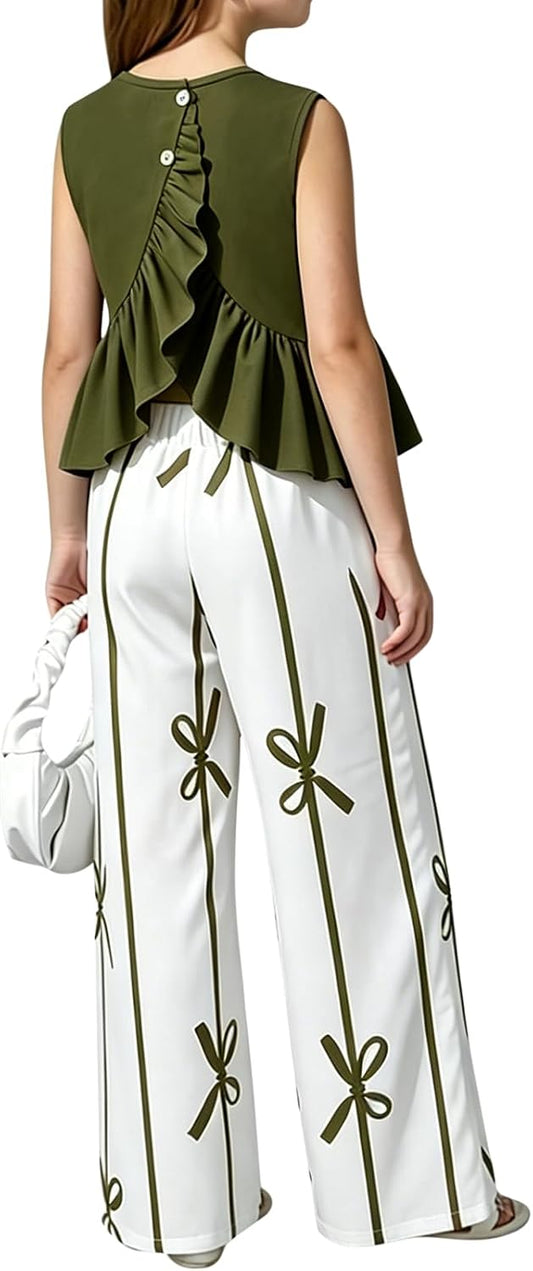 Ayzozuy Girls 2 Piece Outfit Sleeveless Peplum Top and Bow Print Wide Leg Pants Clothes for Tween Girls 7-14Y