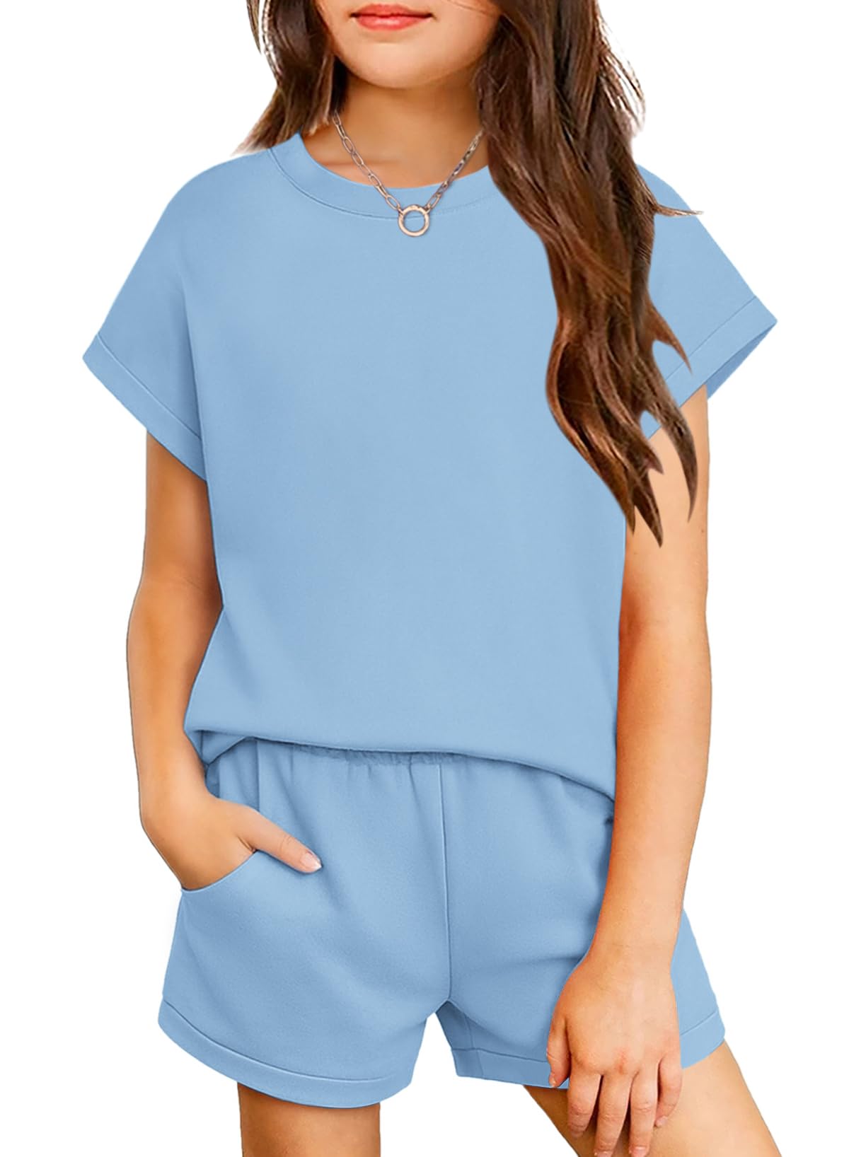 Arshiner Girls Summer 2 Piece Outfits Short Sleeve Shirts and Shorts Sets