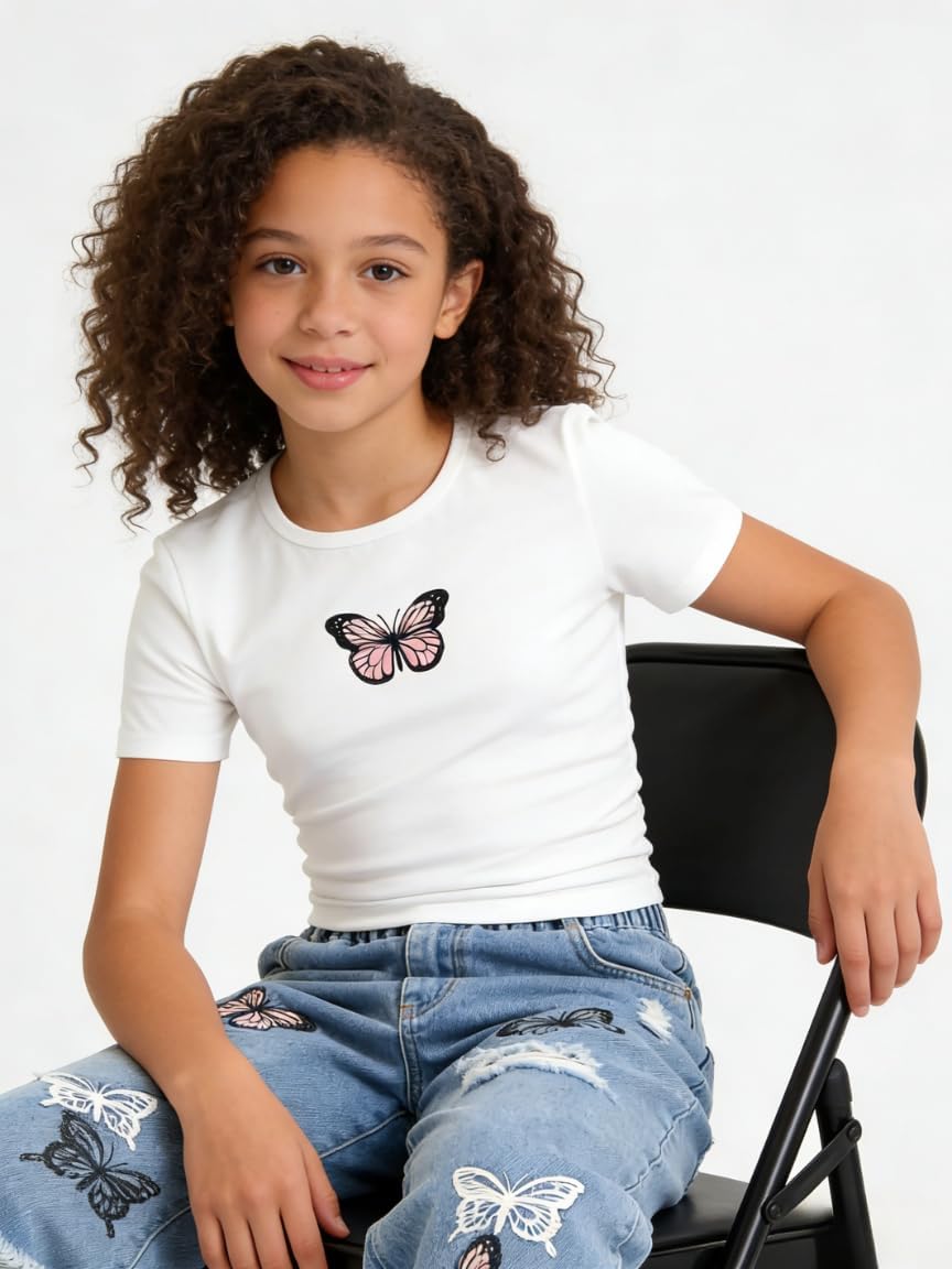 Azmxynol Tween Girl Clothes Short Sleeve Top + Butterfly Design Jeans 2 Pieces Spring Summer Outfit Set, Size 6-16 Years