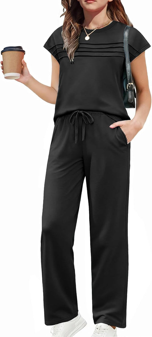 Arshiner Girls 2 Piece Outfits Short Sleeve Crewneck Tops Wide Leg Pant Set
