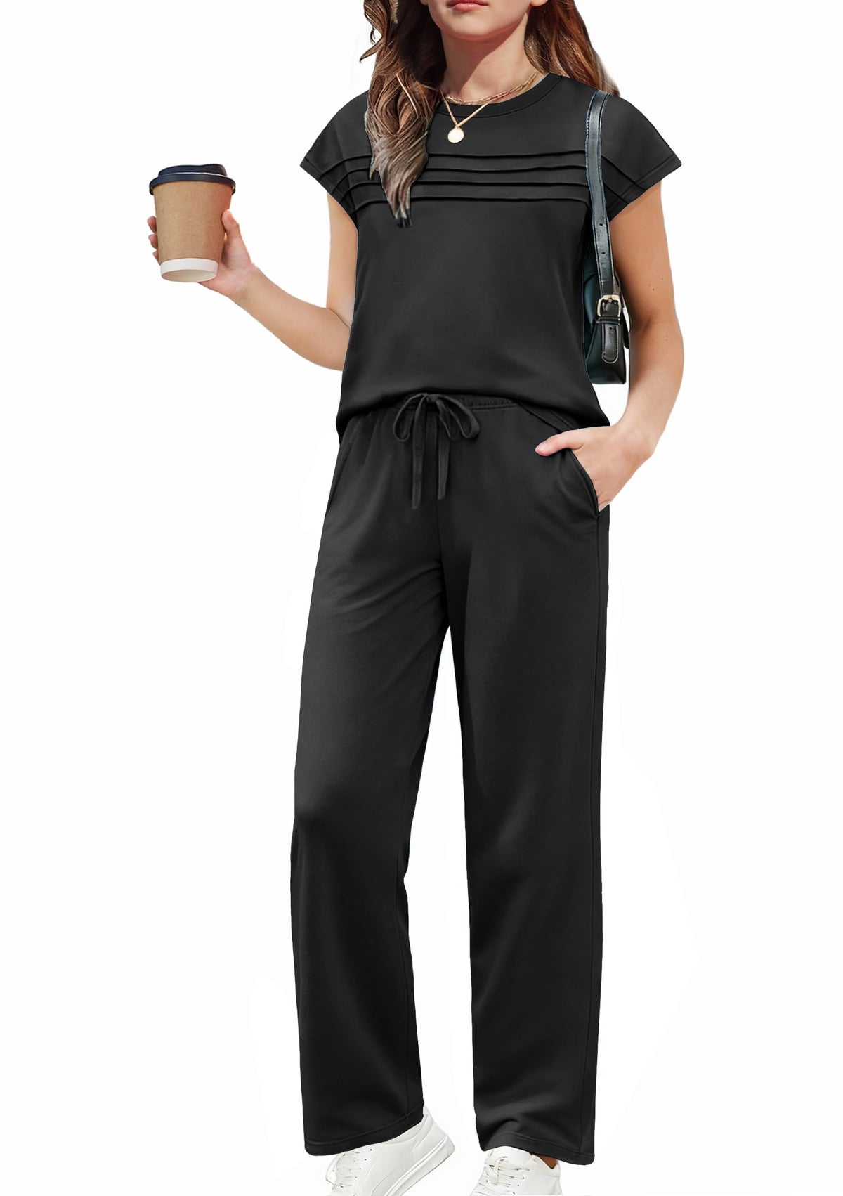 Arshiner Girls 2 Piece Outfits Short Sleeve Crewneck Tops Wide Leg Pant Set