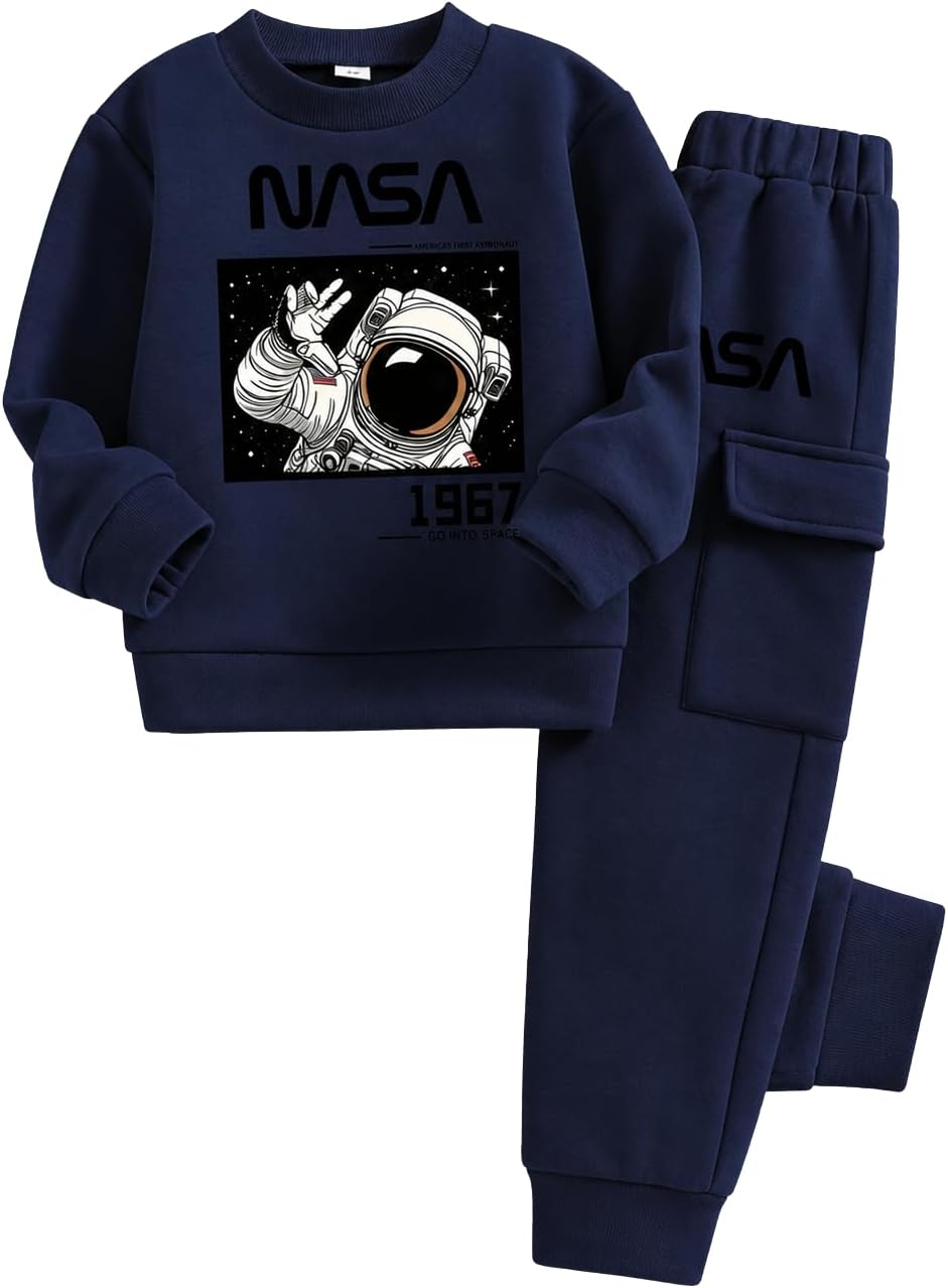 Size 5-12 Years Boys 2 Piece Outfits Long Sleeve Solid Astronaut Pattern Top and Sweatpants Fall Winter Clothing Set