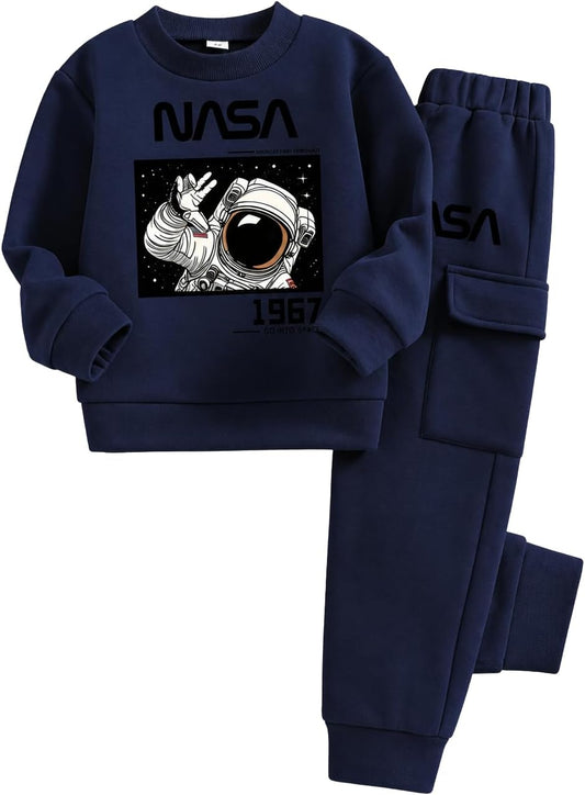 Size 5-12 Years Boys 2 Piece Outfits Long Sleeve Solid Astronaut Pattern Top and Sweatpants Fall Winter Clothing Set