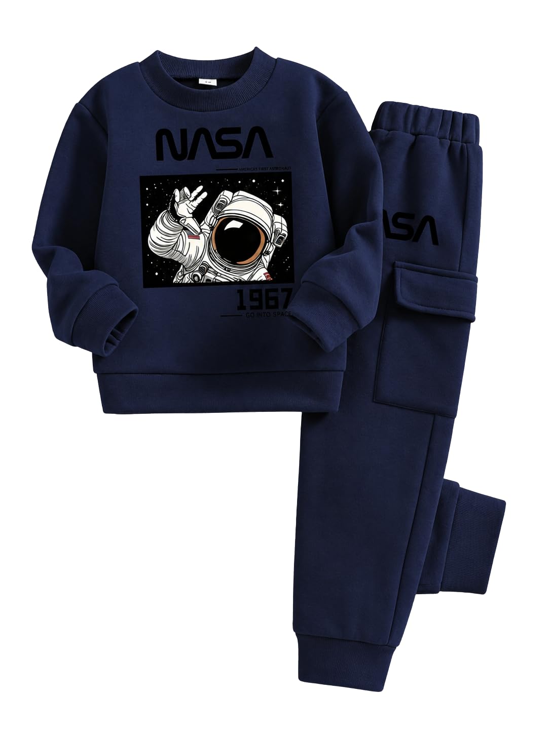 Size 5-12 Years Boys 2 Piece Outfits Long Sleeve Solid Astronaut Pattern Top and Sweatpants Fall Winter Clothing Set