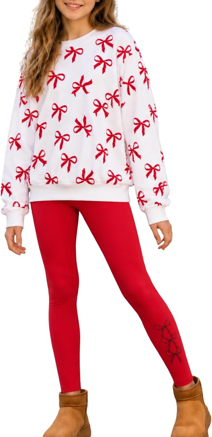 Size 7-14 Years Girls Fall Clothes Long Sleeve Bow Printed Top + Leggings Pants Teen Girls 2 Piece Outfits Set