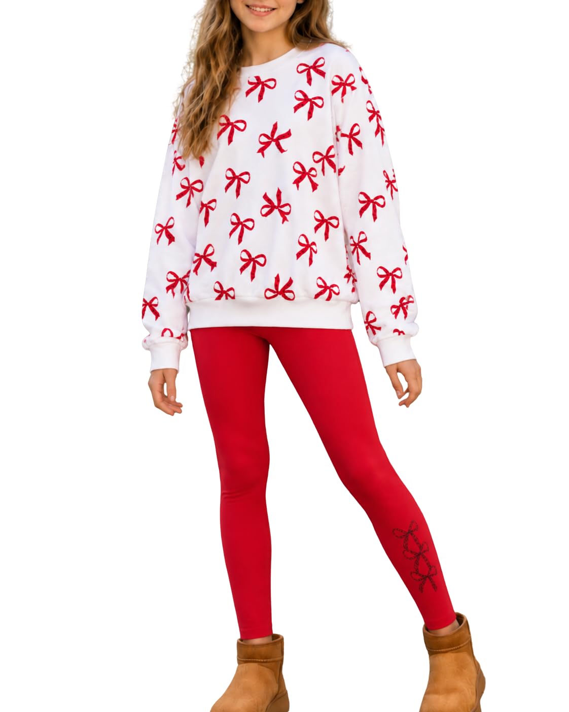 Size 7-14 Years Girls Fall Clothes Long Sleeve Bow Printed Top + Leggings Pants Teen Girls 2 Piece Outfits Set