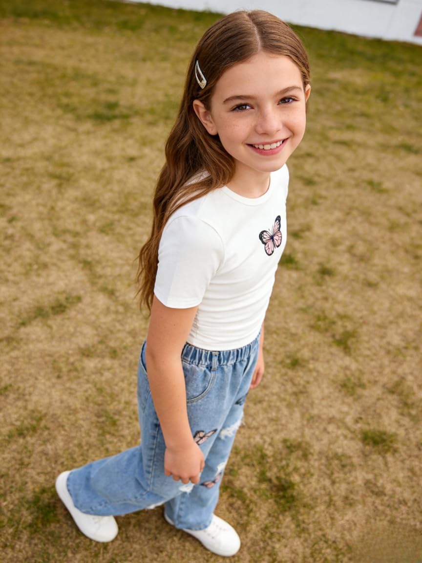 Azmxynol Tween Girl Clothes Short Sleeve Top + Butterfly Design Jeans 2 Pieces Spring Summer Outfit Set, Size 6-16 Years