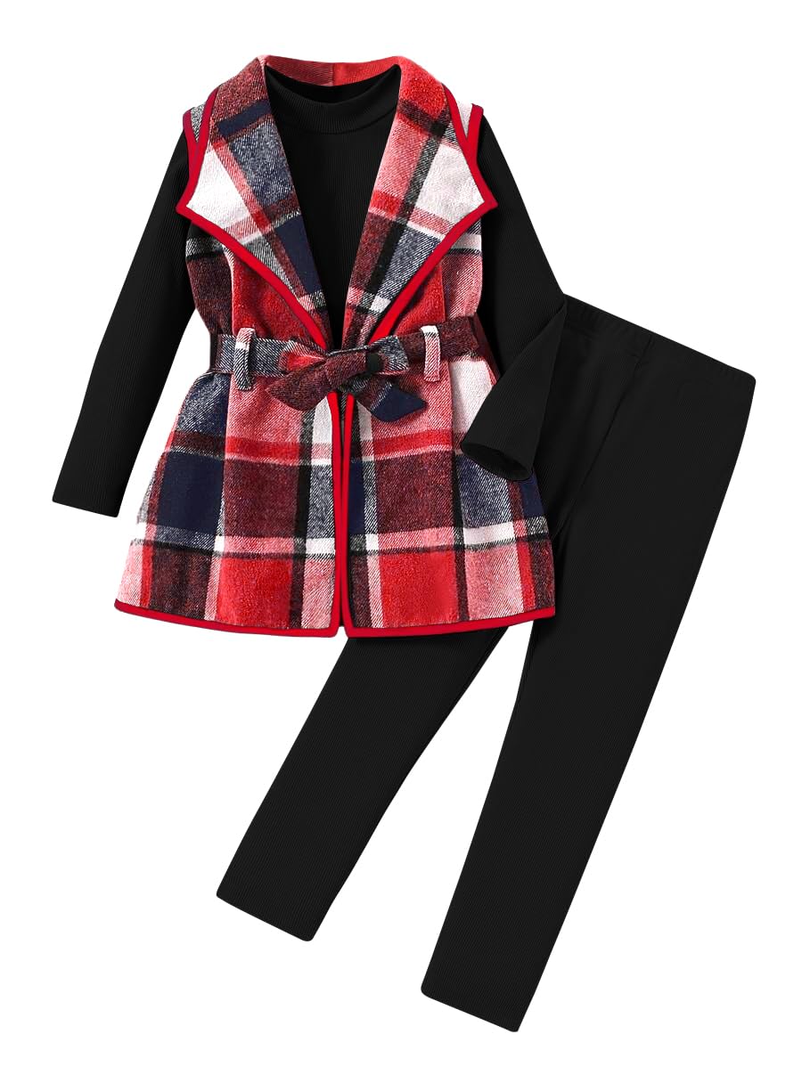 Kid Girls Clothes 3 Piece Outfits Plaid Flannel Belted Vest & Long Sleeve Top and Pants- Fall Clothing Sets