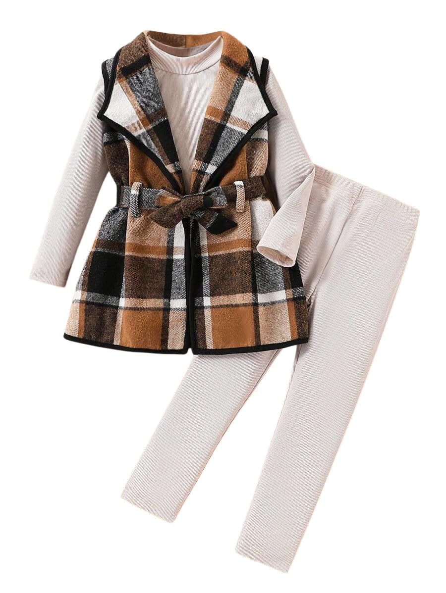 Kid Girls Clothes 3 Piece Outfits Plaid Flannel Belted Vest & Long Sleeve Top and Pants- Fall Clothing Sets