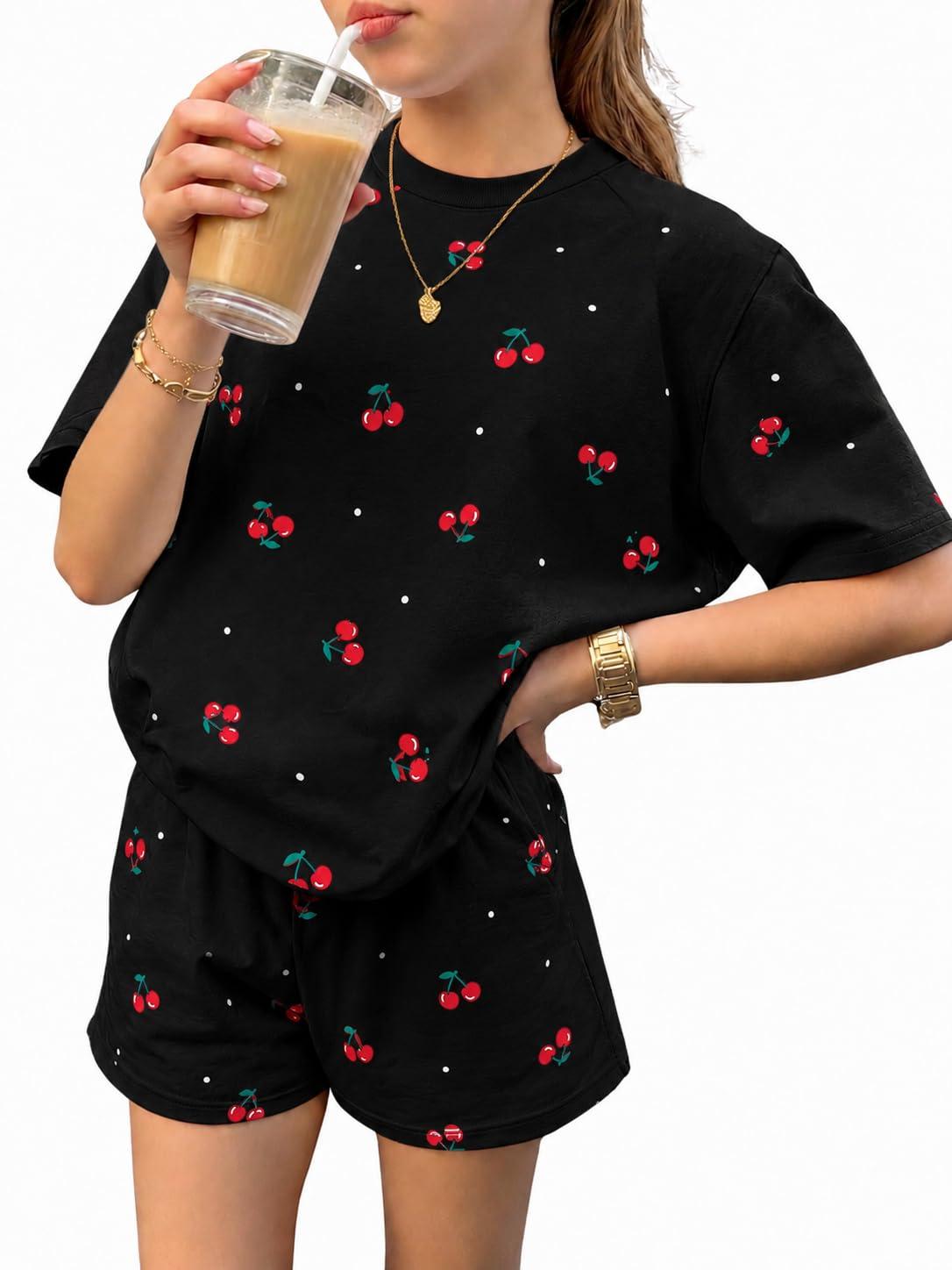 KIDLAGA Girls Two Piece Sets Cherry Pattern Short Sleeve Shirts and Shorts Set With Pockets Girls Summer Outfits Size 7-14