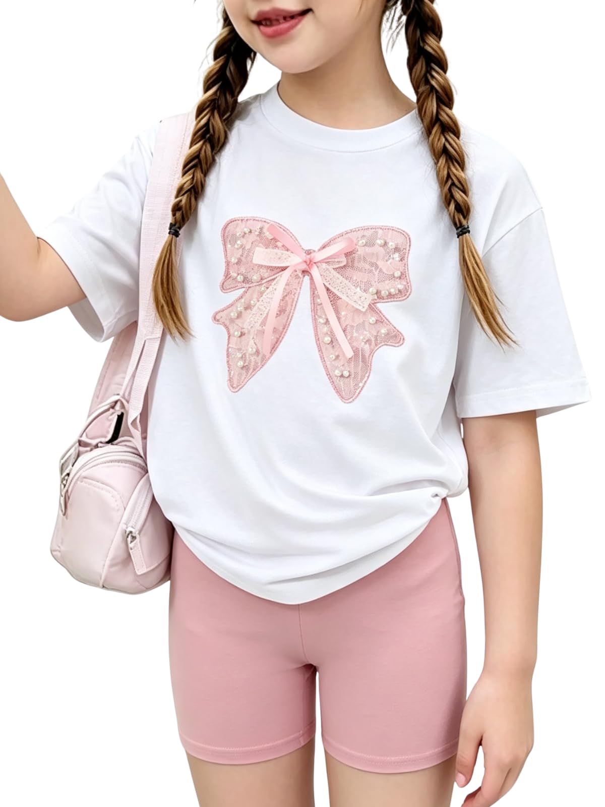 2026 6-12 Years Old Girls 2Pcs Spring Summer Outfits Set Crew Neck Short Sleeve Tops with Pocket Tie-Dye Shorts