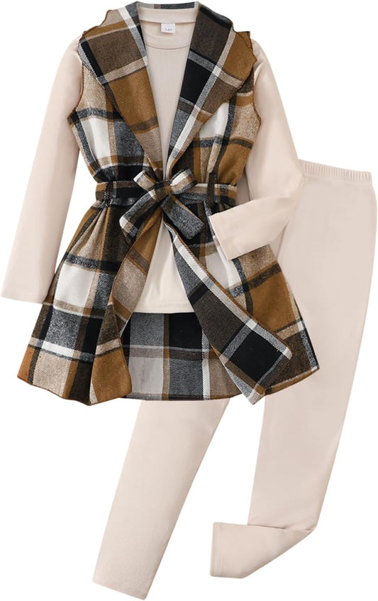 Tween Girls Clothes 3 Piece Outfits Plaid Flannel Belted Vest & Long Sleeve Top and Pants- Fall Clothing Sets