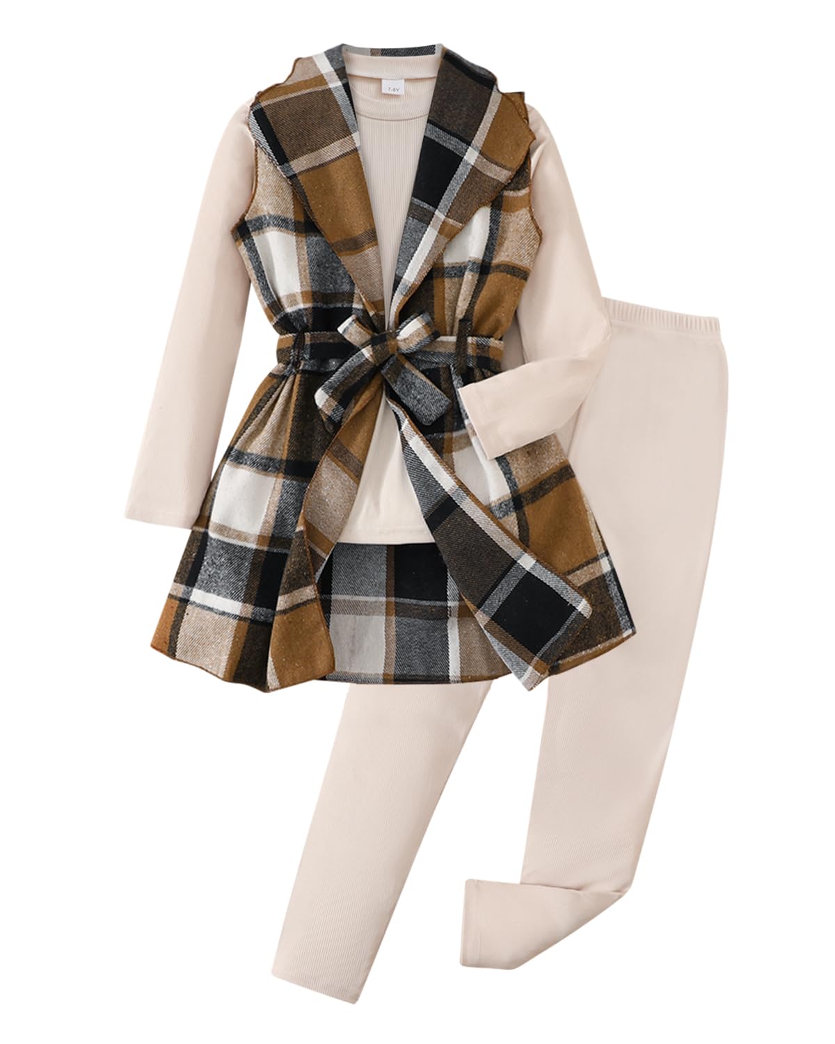 Tween Girls Clothes 3 Piece Outfits Plaid Flannel Belted Vest & Long Sleeve Top and Pants- Fall Clothing Sets