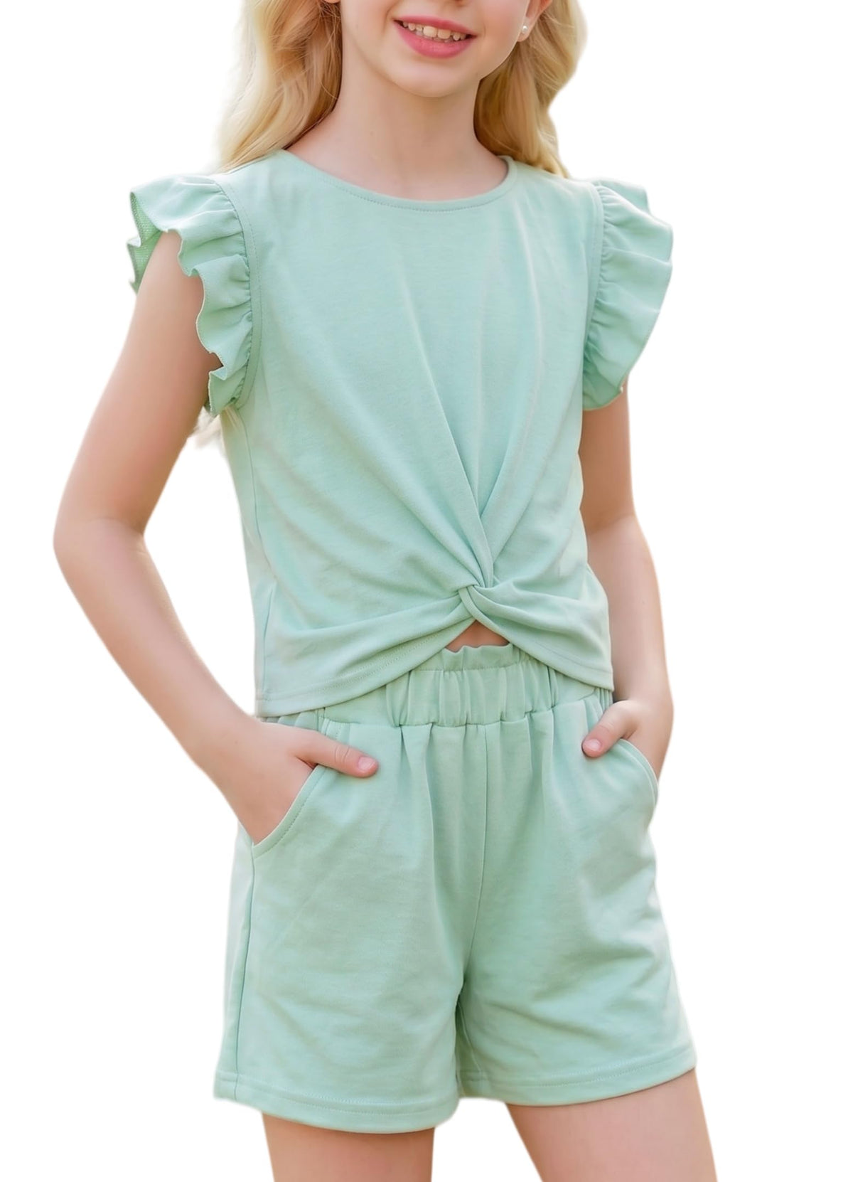 Arshiner Girls Summer Outfits 2 Piece Twist Front Top and Shorts Set