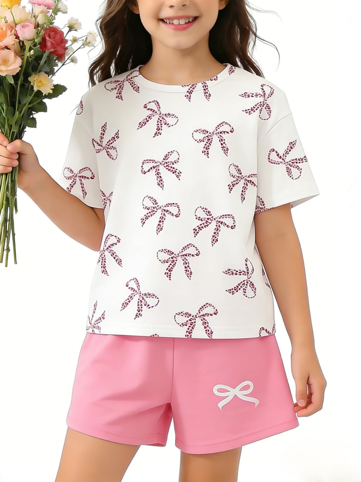 Axumity Kid Toddler Girl Clothes Summer Ruffle Sleeve Figure Graphic Shirt + Shorts Summer Outfits Set