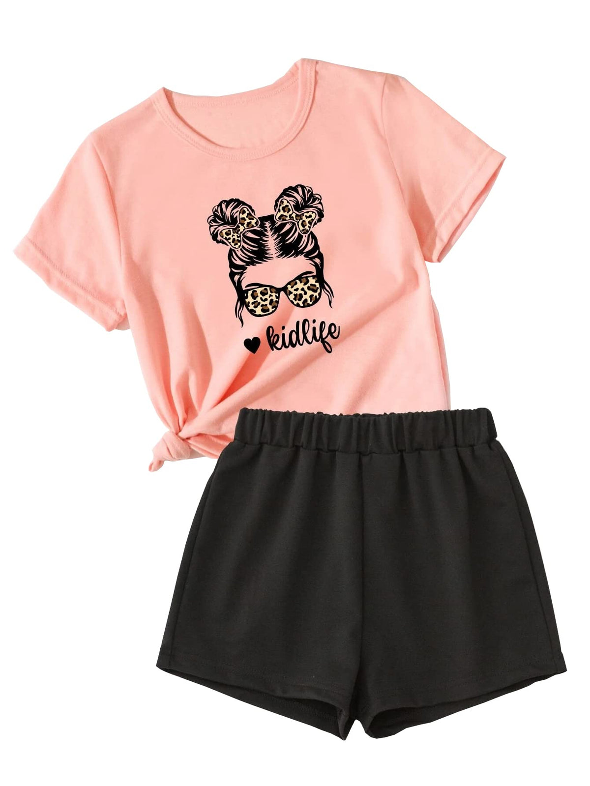 Axumity Kid Toddler Girl Clothes Summer Ruffle Sleeve Figure Graphic Shirt + Shorts Summer Outfits Set