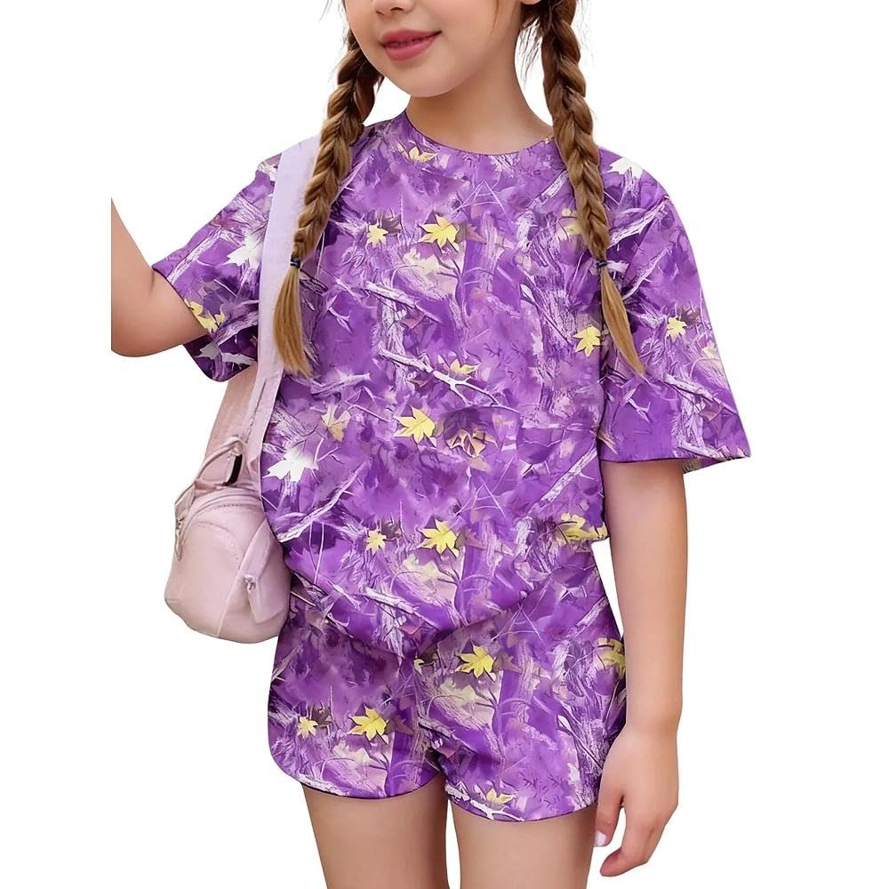 2026 6-12 Years Old Girls 2Pcs Spring Summer Outfits Set Crew Neck Short Sleeve Tops with Pocket Tie-Dye Shorts