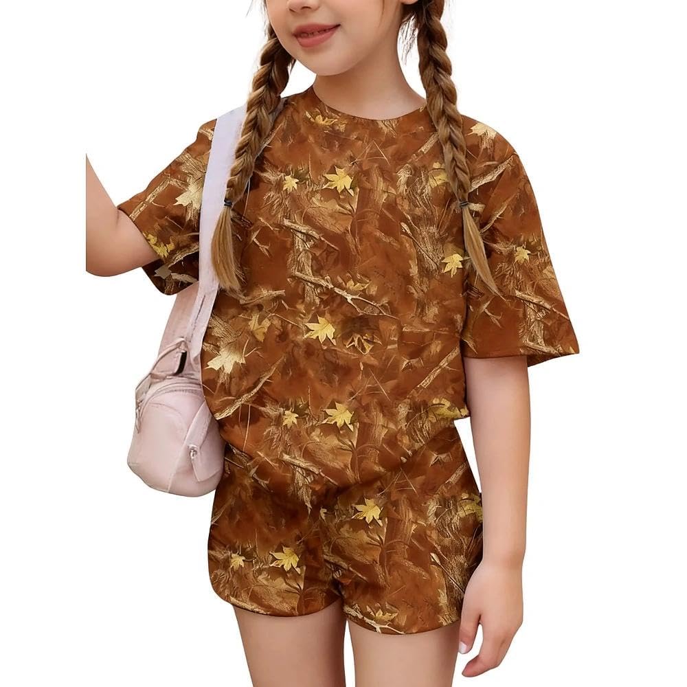 2026 6-12 Years Old Girls 2Pcs Spring Summer Outfits Set Crew Neck Short Sleeve Tops with Pocket Tie-Dye Shorts