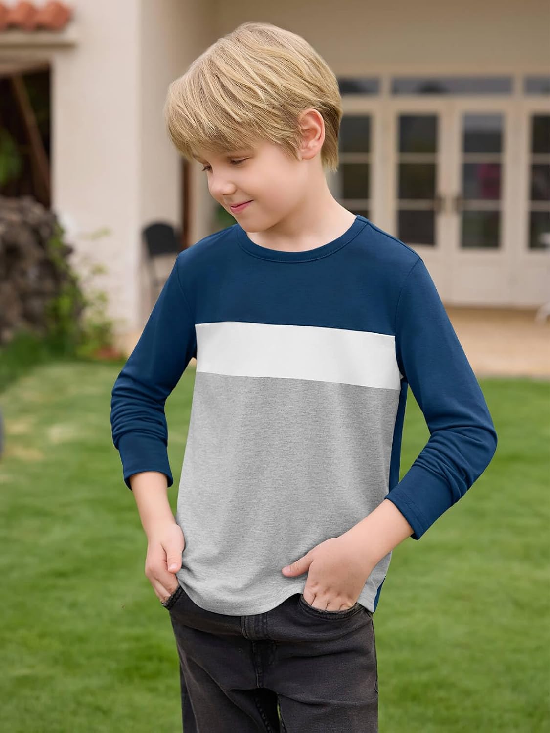 Haloumoning Boys Long Sleeve Shirts Color Block Fall Tops 5-14Y