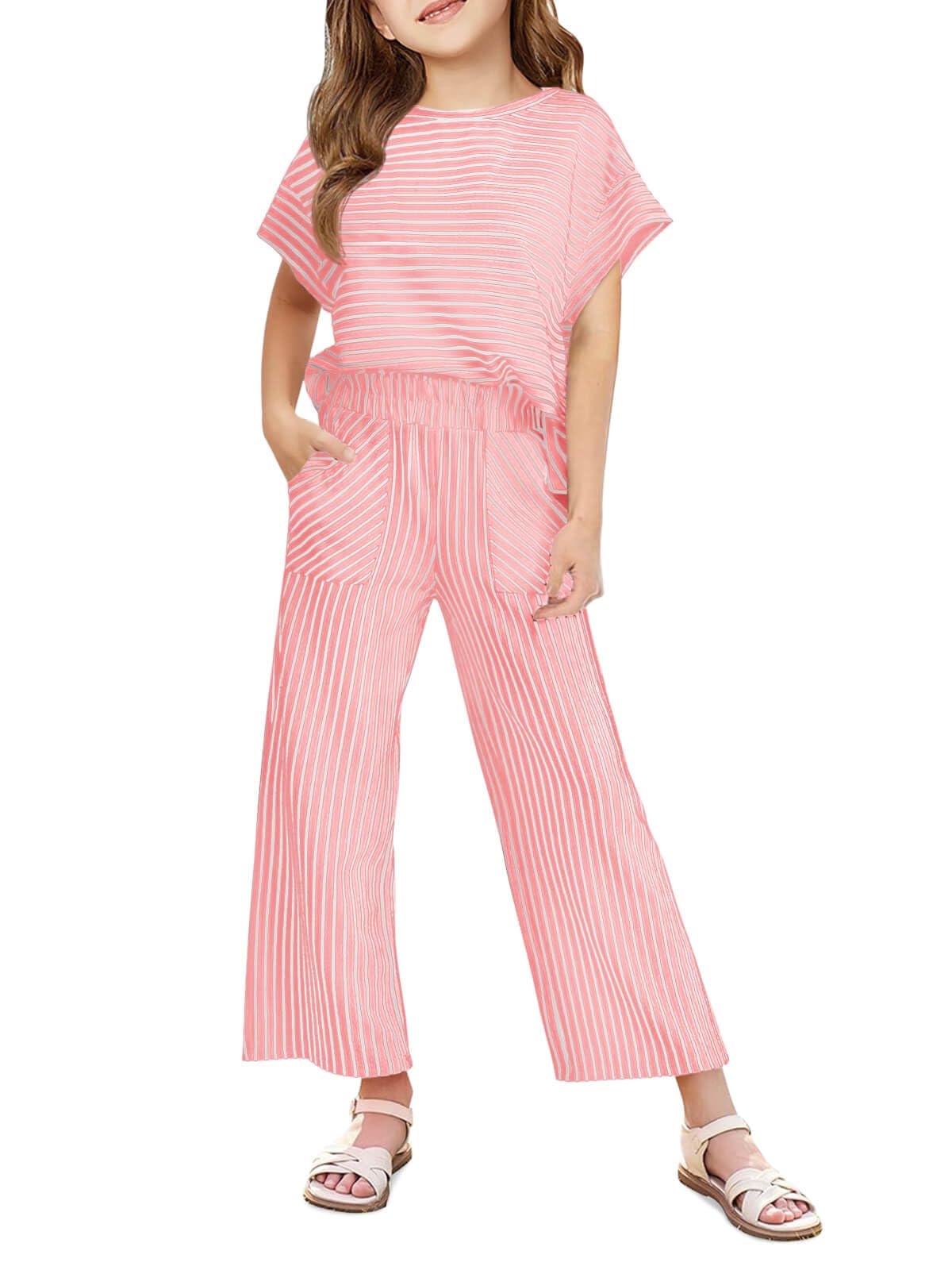 Haloumoning Girls Striped 2 Piece Outfits Short Sleeve T Shirts Wide Leg Pants Matching Lounge Set with Pockets