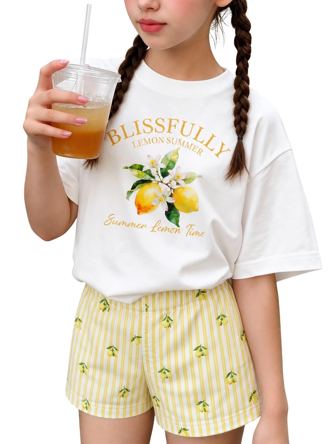 Girls Clothes Summer 2 Piece Outfits Cute Strawberry Lemon Shell Graphic Tee+ Striped Shorts Set Kids Clothing Sets
