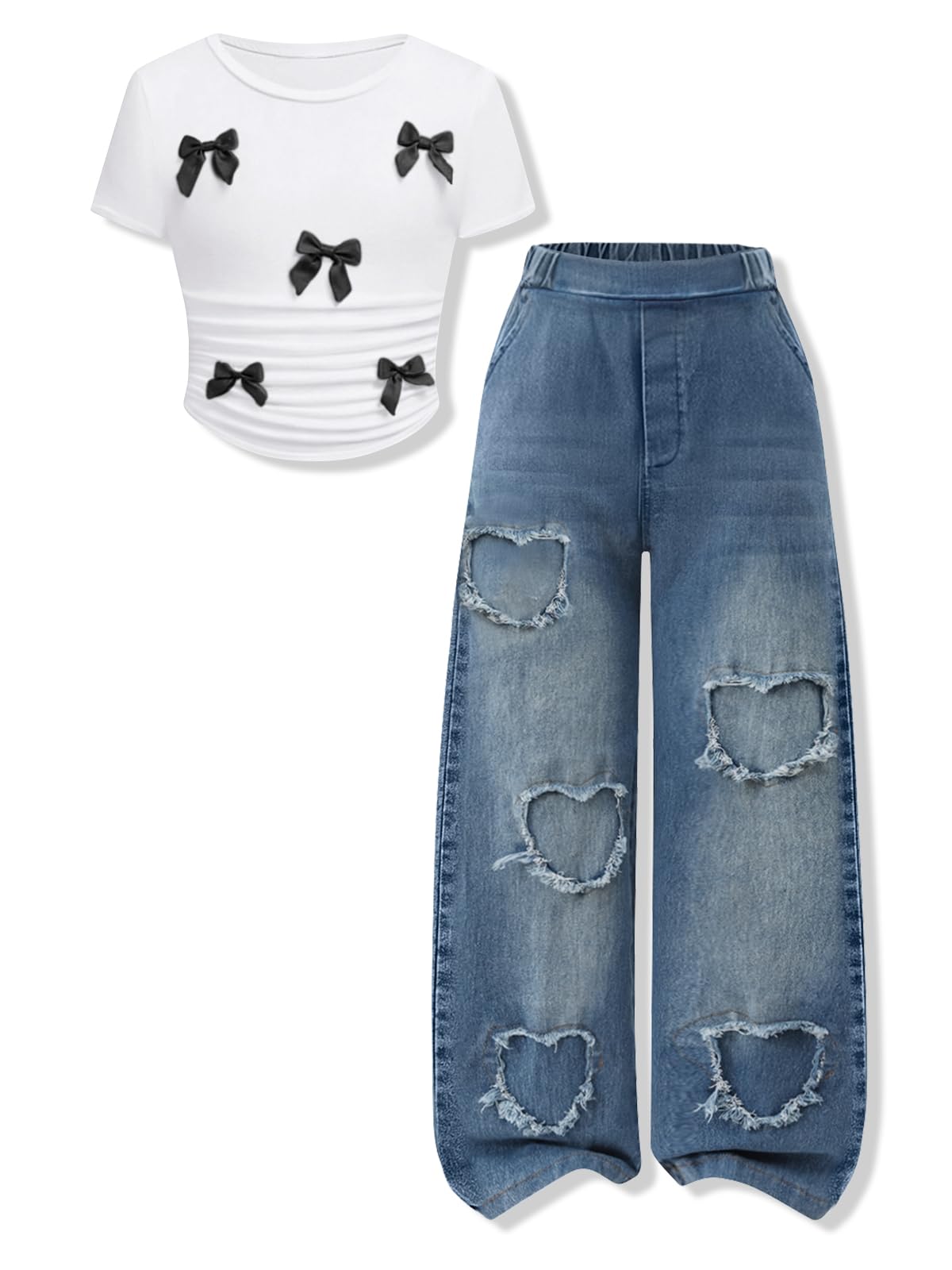 Size 7-14 Years Girls 2 Piece Outfits Bow Short-Sleeved Top and Jeans Pants Clothing Set