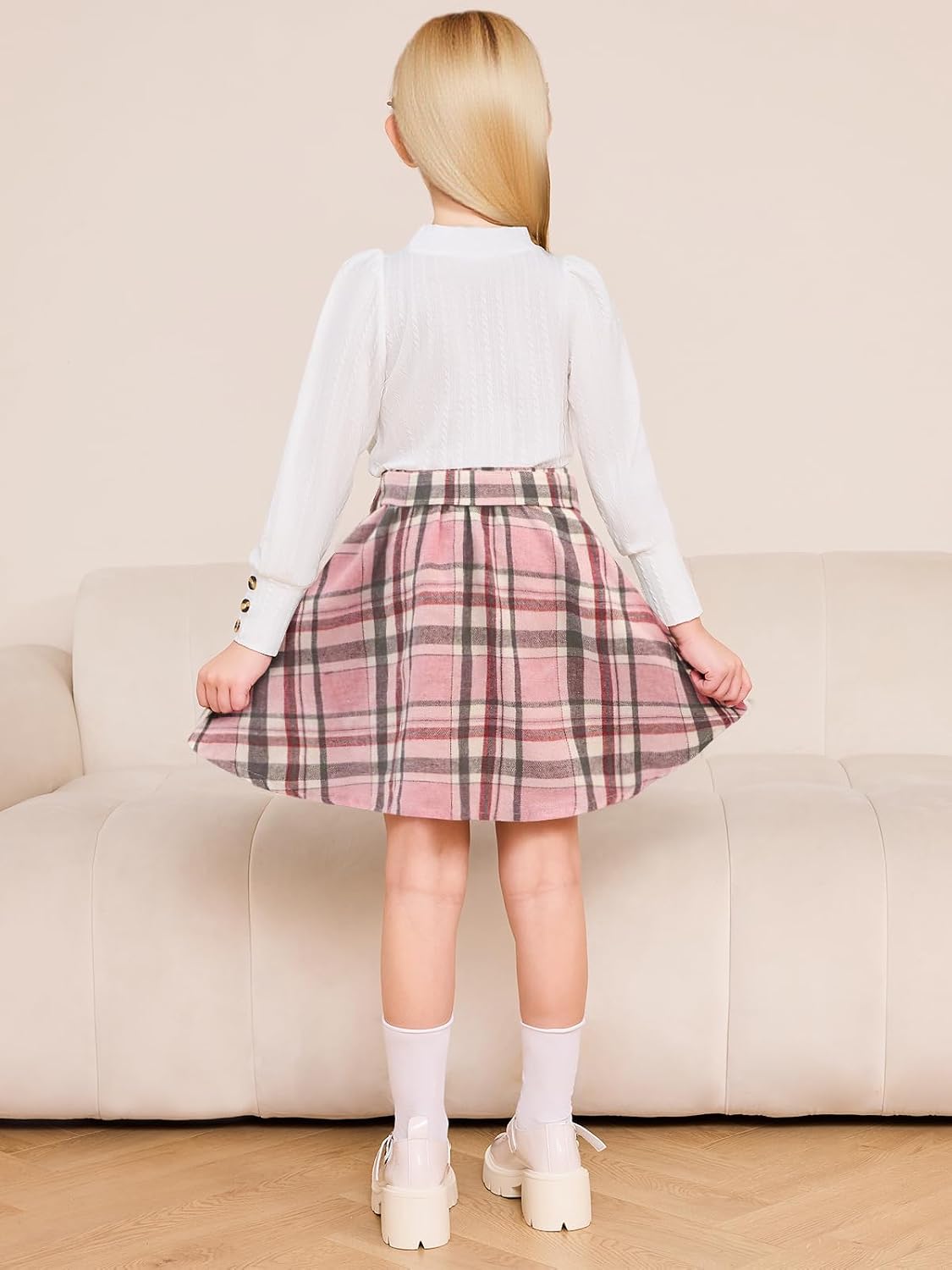 AMAWMW Girls Skirt Sets Fall Outfits Puff Sleeve Crewneck Ribbed Knit Tops and Plaid Skirt Set Kids Fall Winter Clothes