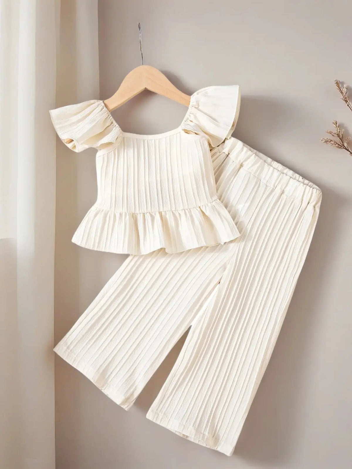 Girls' Summer Solid Color Two-Piece Set, Summer Clothes Set, Sleeveless Babydoll Top + Butterfly Knots + Casual Wide Leg Pants, Sweet & Versatile, Ages 1-7, Set Outfit