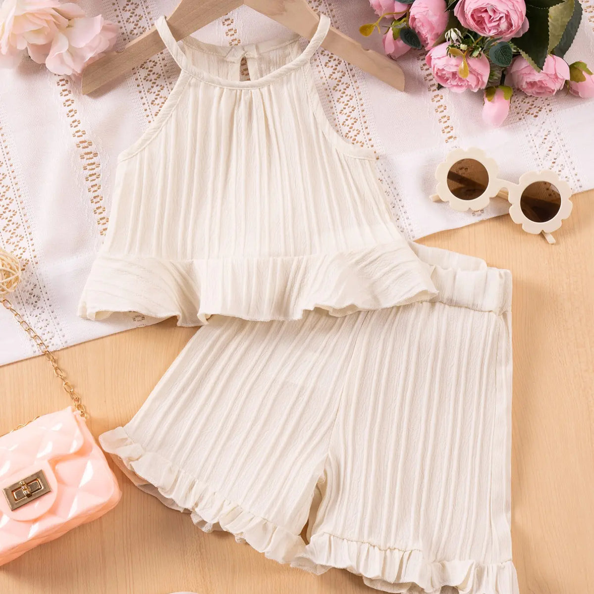 2pcs Girls Summer Fashion Sleeveless Casual Top Pure Color Shorts Comfortable Two-Piece Kids Clothing Clothes Kids