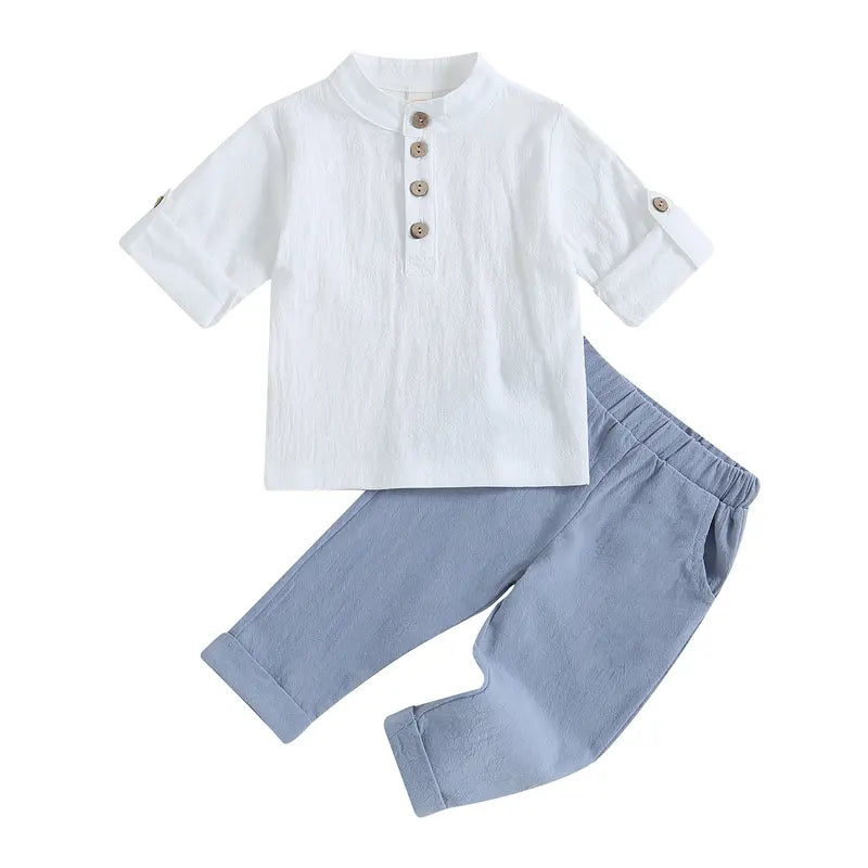 Kids Boys Outfits Solid Color Buttons Short Sleeve Shirts and Elastic Waist Long Pants 2Pcs Clothes Set