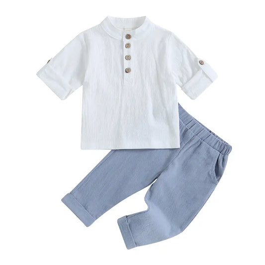 Kids Boys Outfits Solid Color Buttons Short Sleeve Shirts and Elastic Waist Long Pants 2Pcs Clothes Set