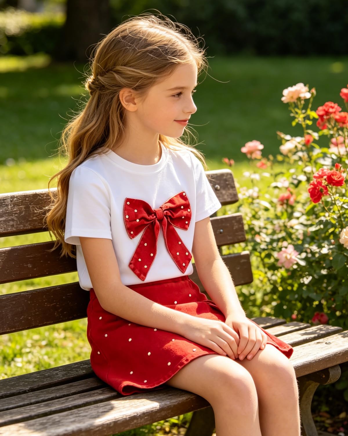 6-12Y Girls Summer Clothes Short Sleeve Bow Print T-Shirt Denim Skirt Shorts Set Tween Girls Outfits Set