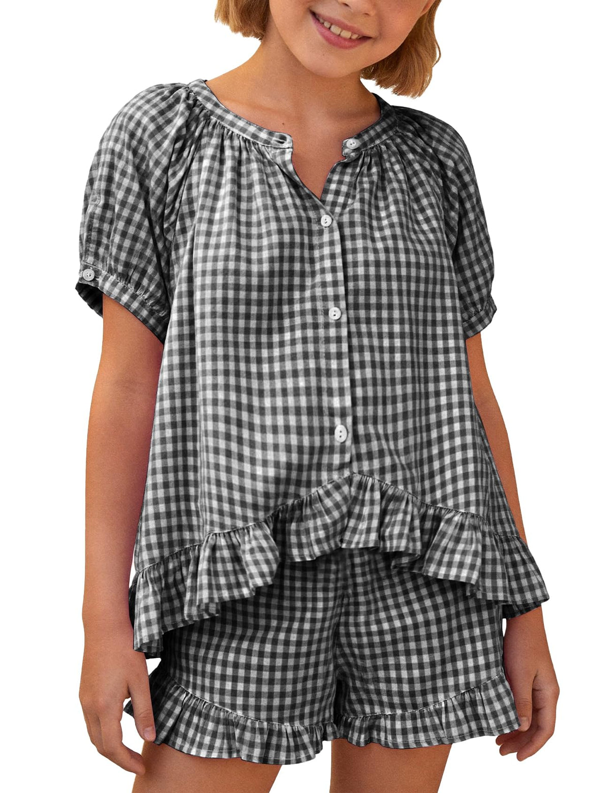 Flygo Girls Cotton Gingham Sets Cute Summer Outfits Shorts Set 5-14 Years
