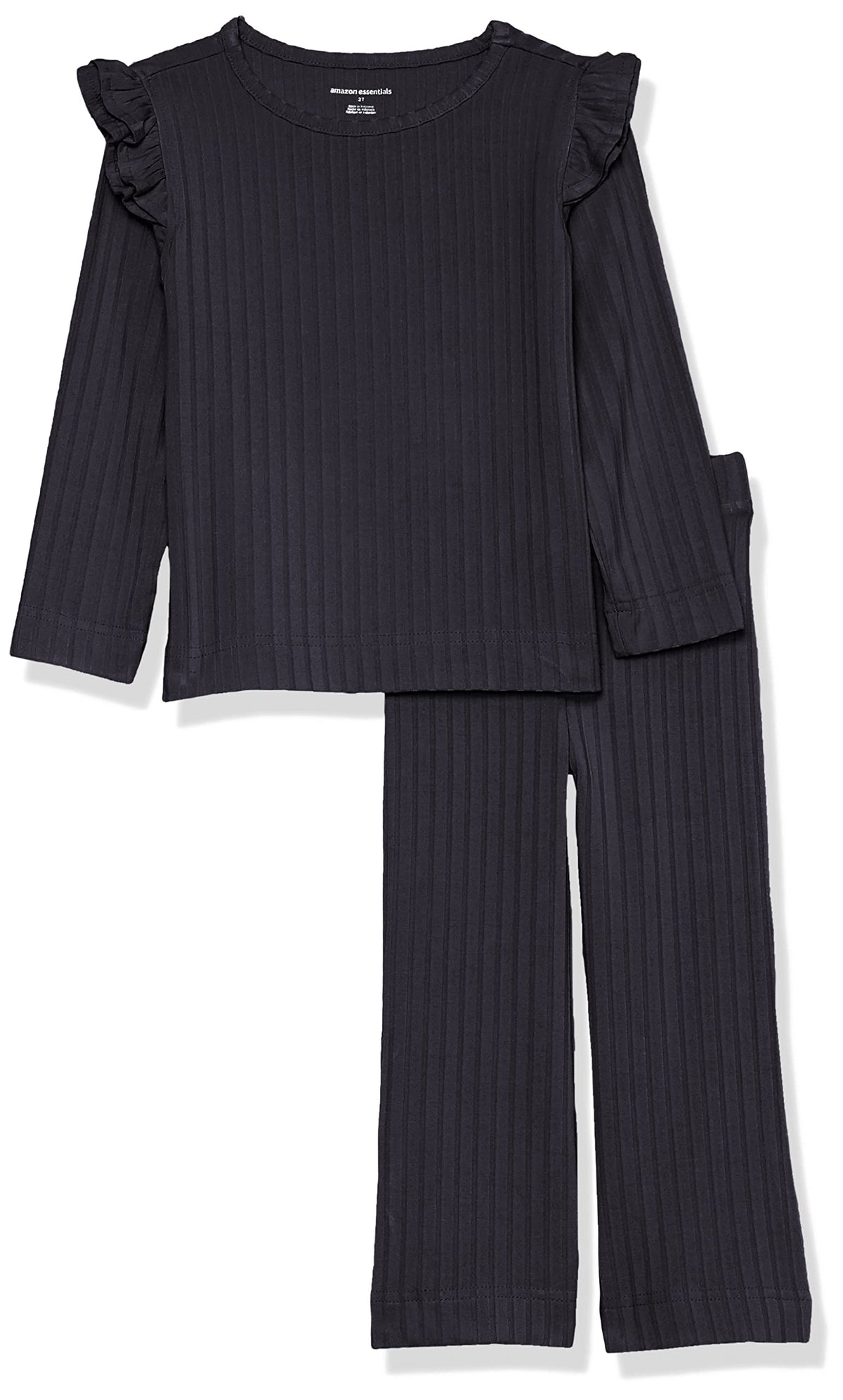 Amazon Essentials Girls' Wide-Rib Ruffle Top and Flare Pants Outfit Set, Pack of 2