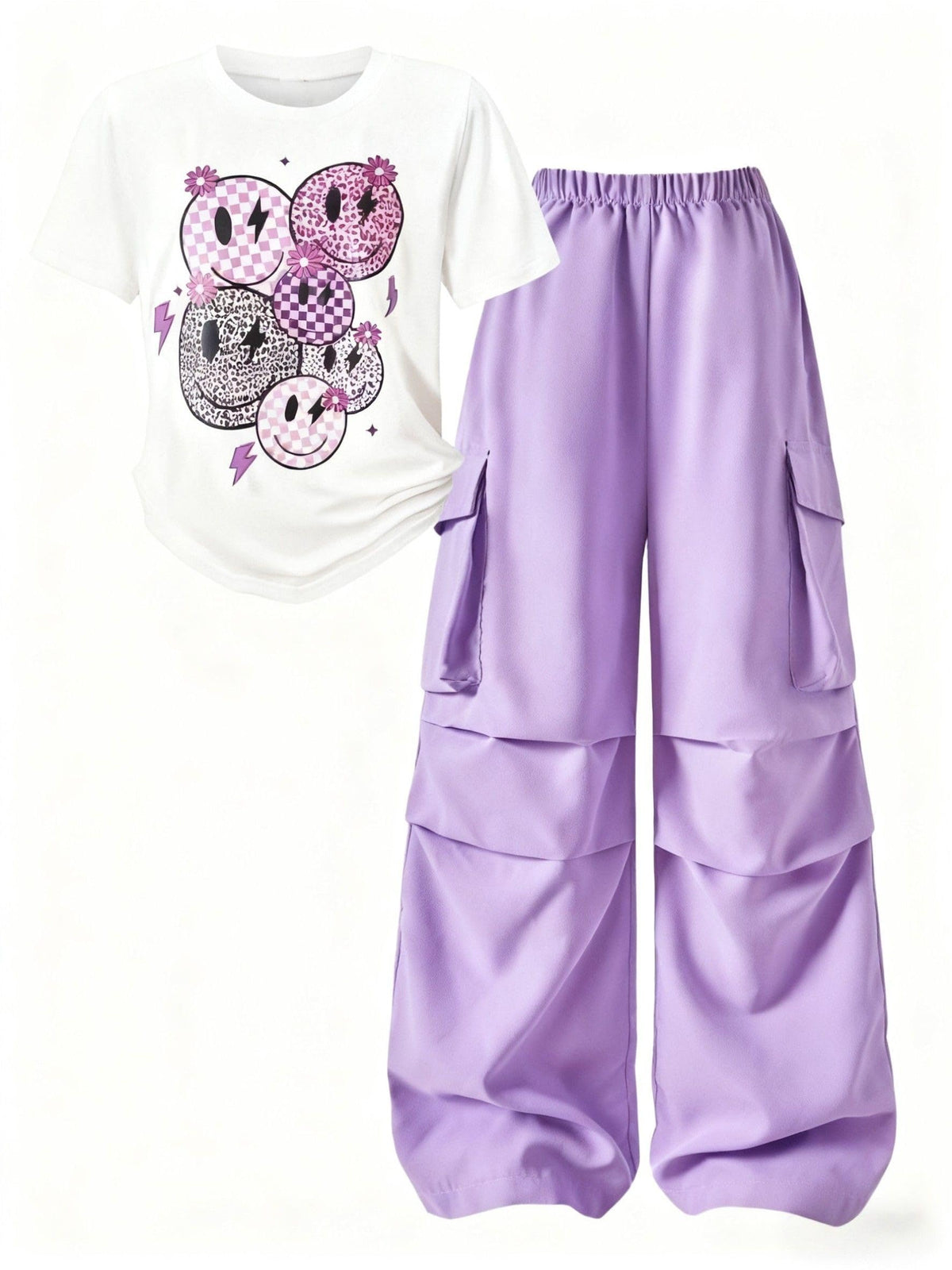 Girls Clothes 2 Piece Smiley Face Print T-Shirt Tops & Cargo Pants Spring Summer Outfits Tween Girls 7-14Y