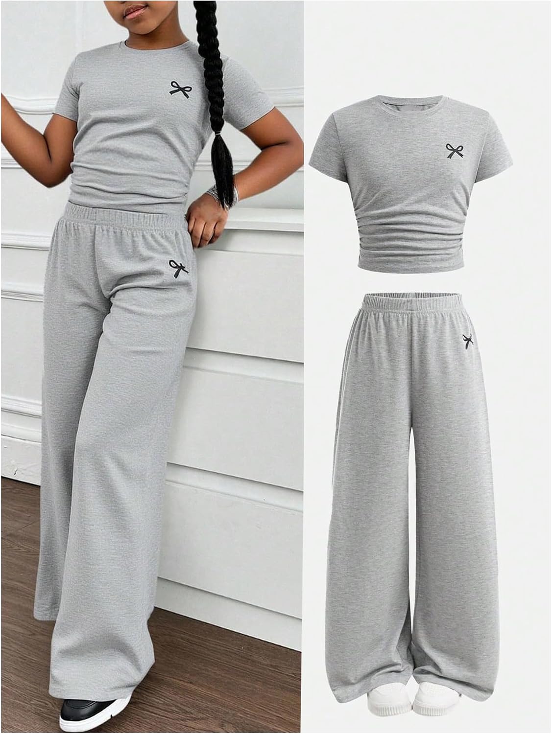 SOLY HUX Girl's Bow Print Short Sleeve T Shirt Pants Outfits