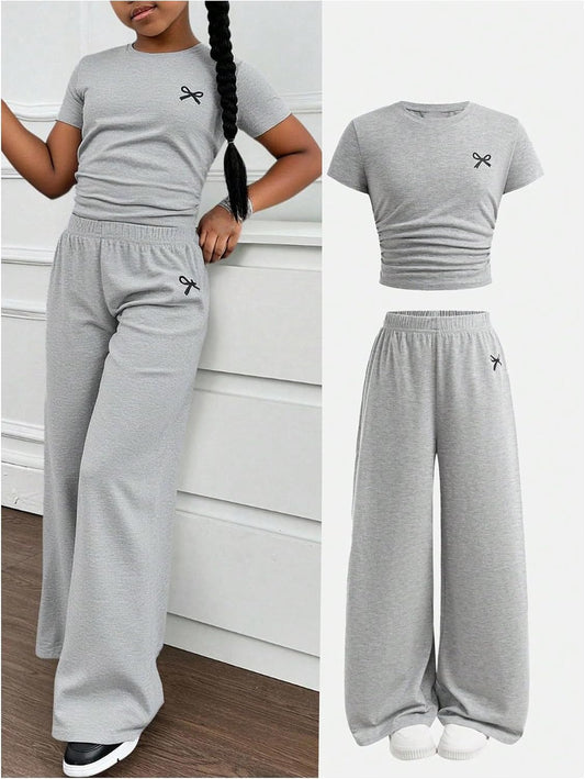 SOLY HUX Girl's Bow Print Short Sleeve T Shirt Pants Outfits