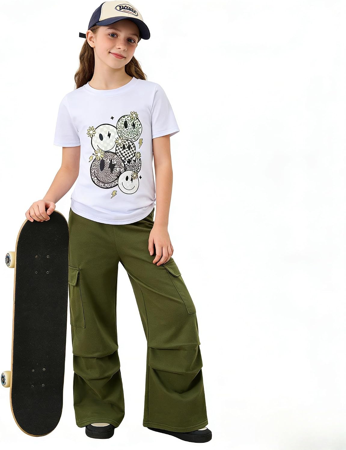 Girls Clothes 2 Piece Smiley Face Print T-Shirt Tops & Cargo Pants Spring Summer Outfits Tween Girls 7-14Y