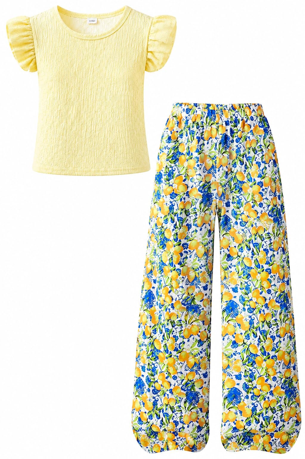Yoxindax Tween Girls Outfit Set Ruffle Sleeve Smocked Top Floral Print Wide Leg Pants Casual Summer Clothes 7-14 Years
