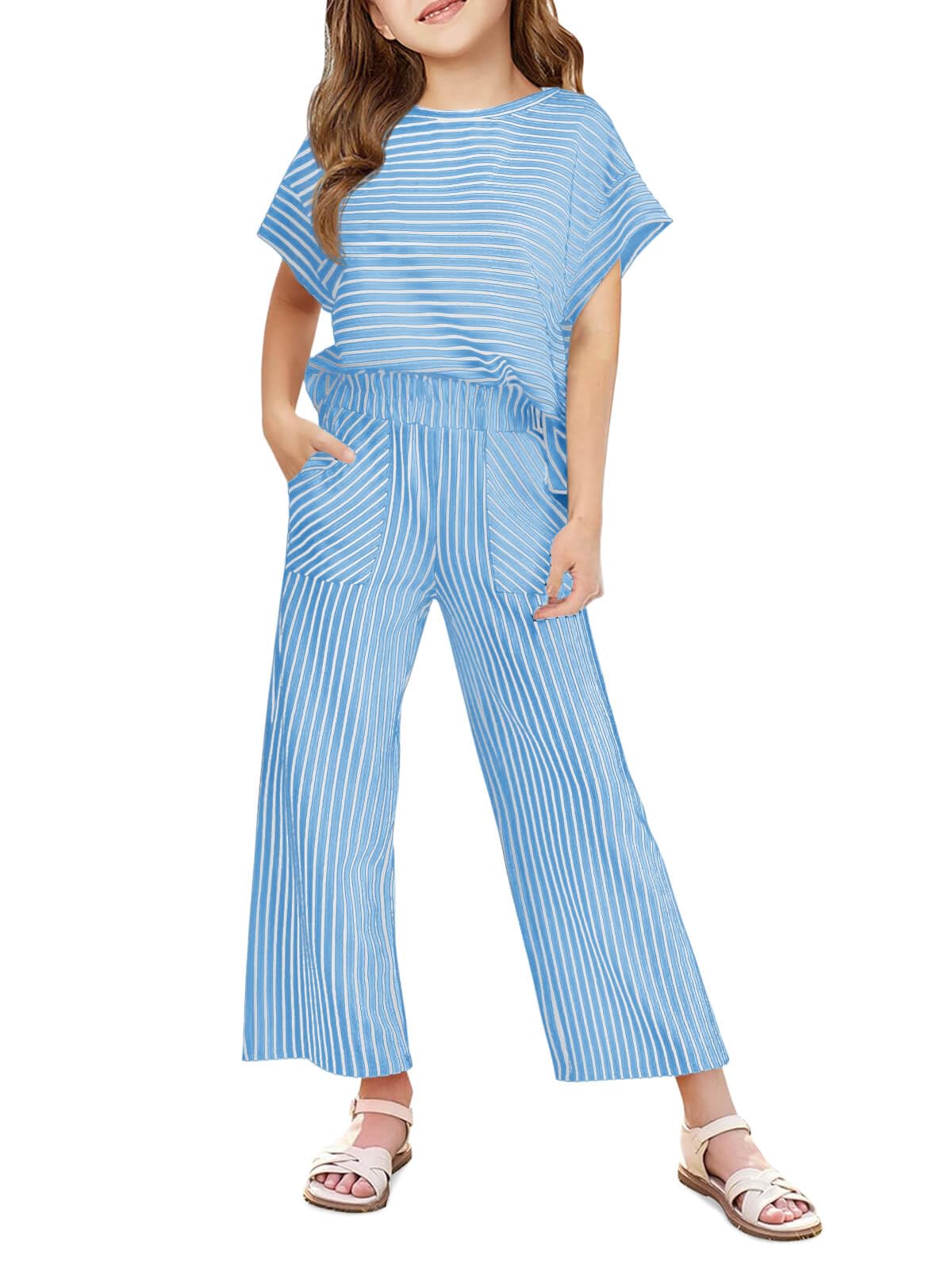 Haloumoning Girls Striped 2 Piece Outfits Short Sleeve T Shirts Wide Leg Pants Matching Lounge Set with Pockets