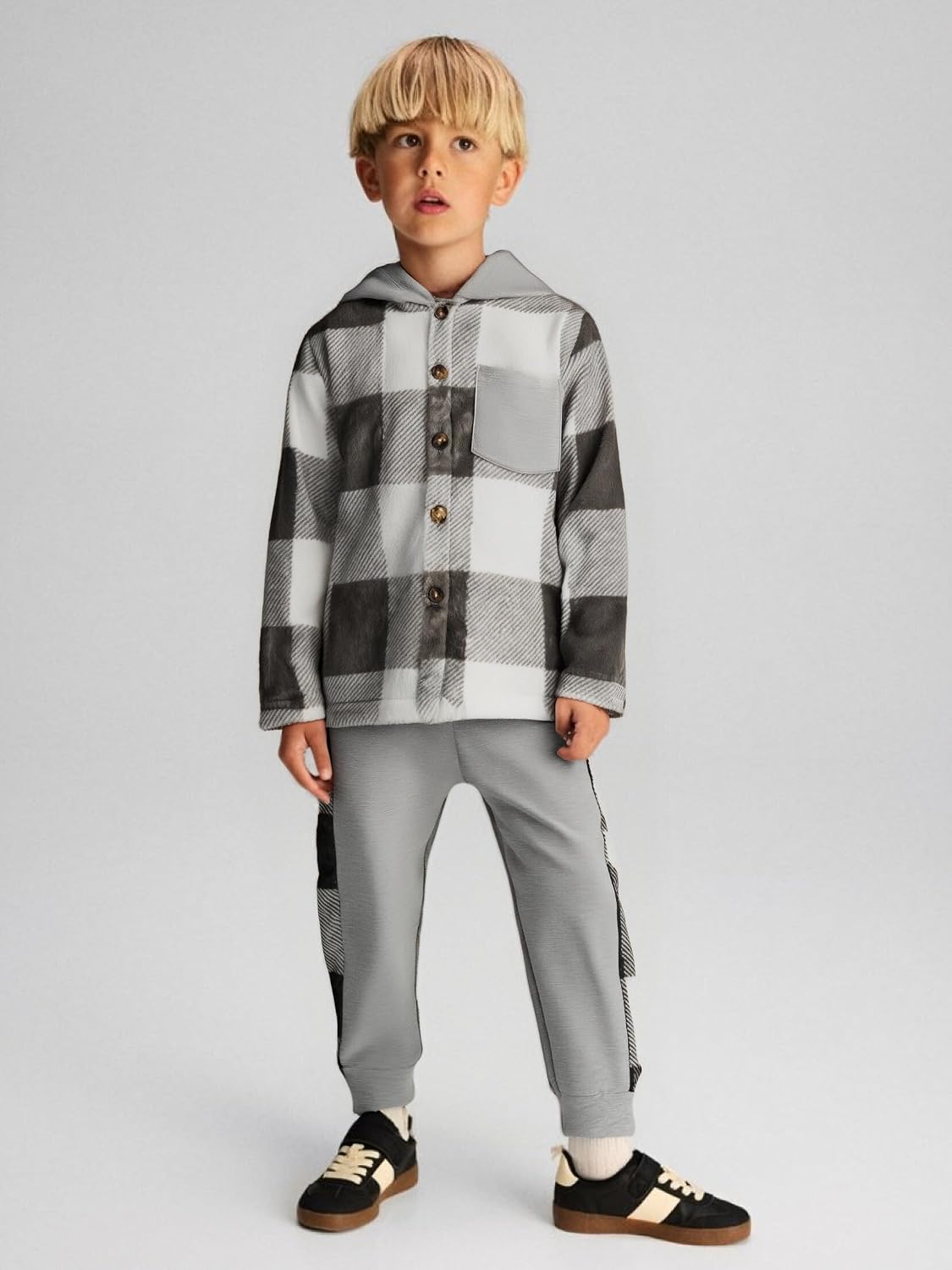 Azmxynol Boys Clothes Plaid Hooded Shirt 2pcs Outfit, Button Front Toddler Fall Winter Hoodie & Sweatpants Set, 4-8 years