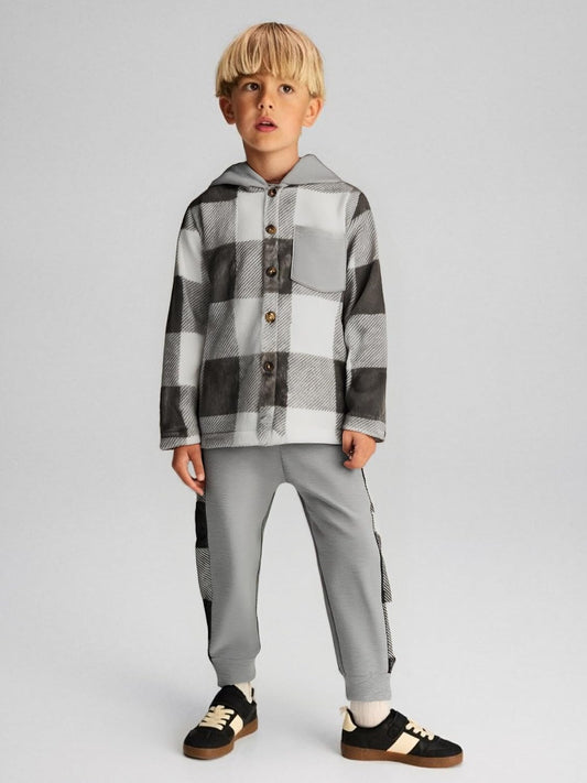 Azmxynol Boys Clothes Plaid Hooded Shirt 2pcs Outfit, Button Front Toddler Fall Winter Hoodie & Sweatpants Set, 4-8 years