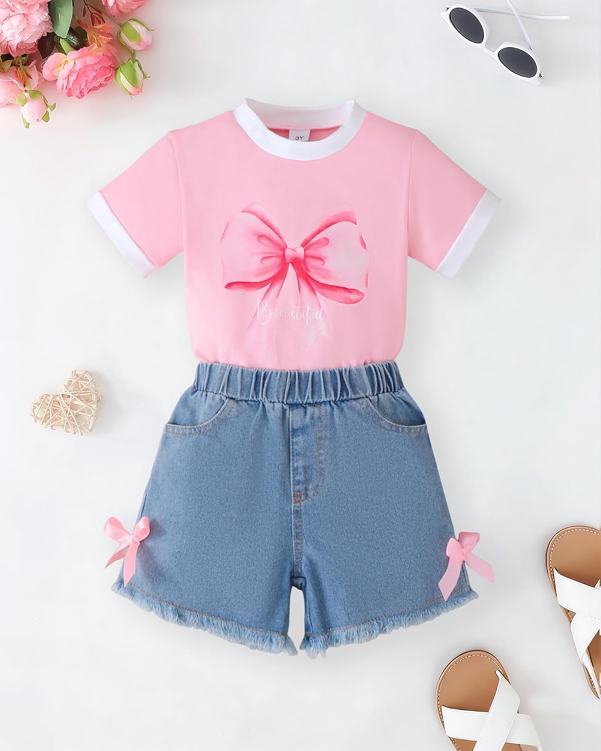 Jecson Toddler Girl Clothes Summer Cotton Print T-Shirt and Jeans Shorts Set Casual Girls 2 Piece Outfits Sets 2T-8Y