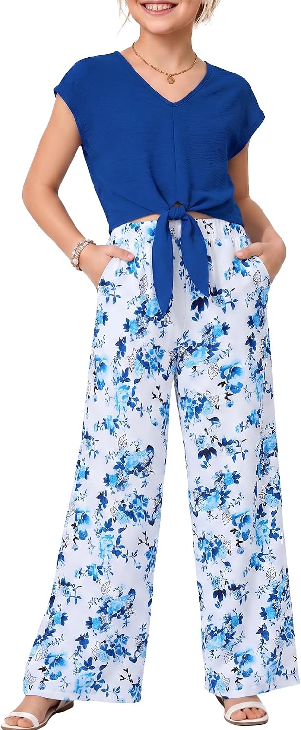 WESIDOM Girls 2 Piece Outfits Girl Suit Set Knot Front Short Sleeve Top Wide Pants Kids Formal Clothes Size 6-14Y