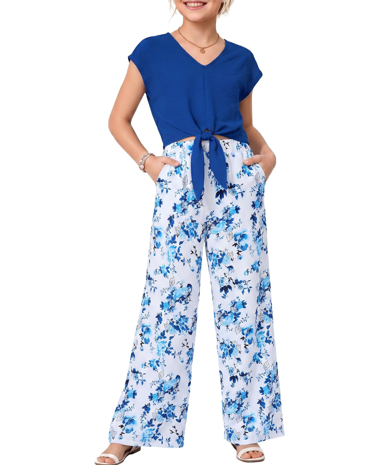 WESIDOM Girls 2 Piece Outfits Girl Suit Set Knot Front Short Sleeve Top Wide Pants Kids Formal Clothes Size 6-14Y