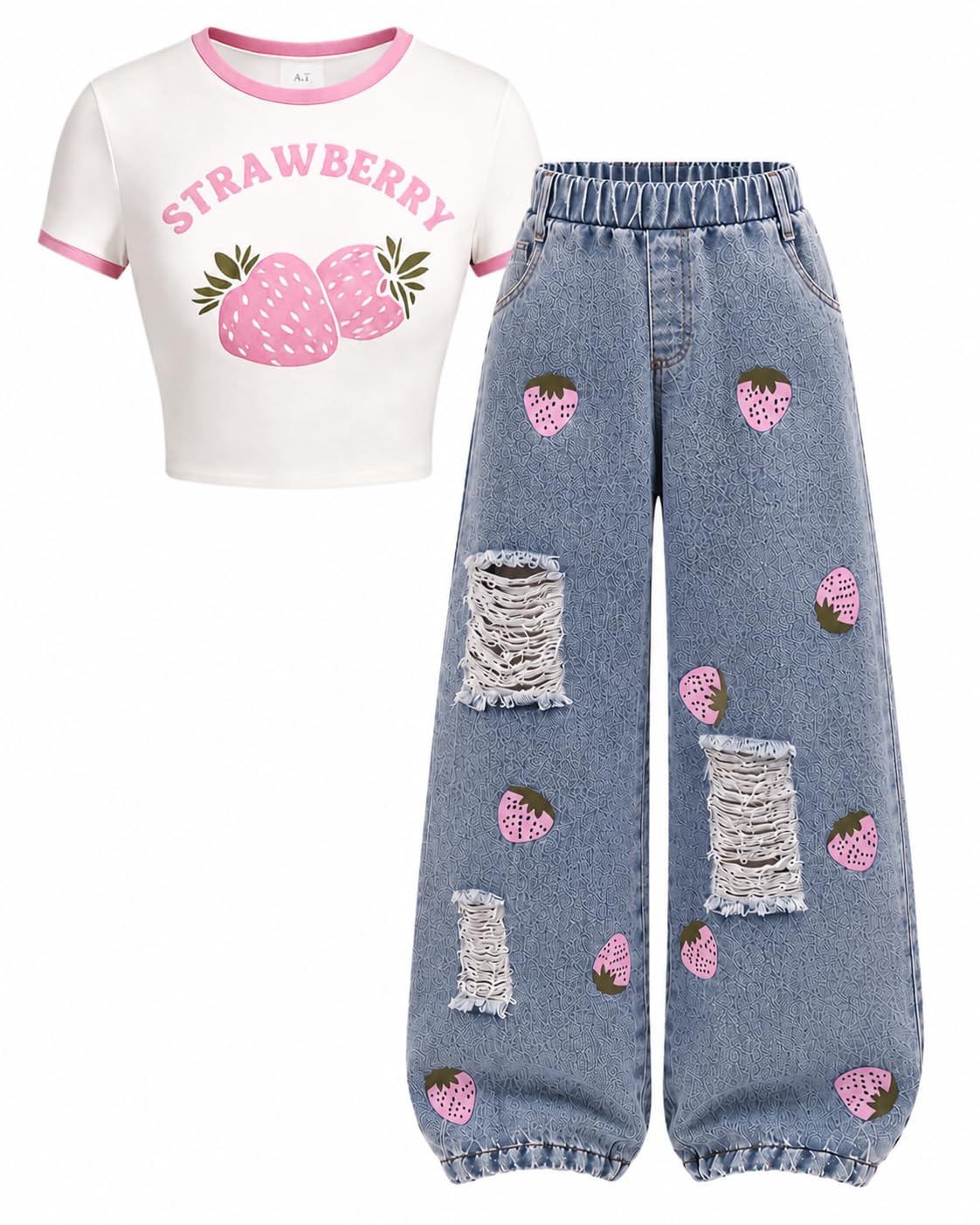 Azmxynol Tween Girl Clothes Short Sleeve Top + Butterfly Design Jeans 2 Pieces Spring Summer Outfit Set, Size 6-16 Years