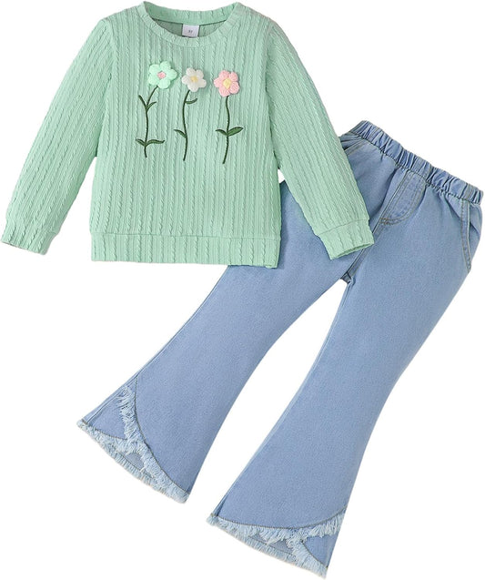 Toddler Girl Clothes Long Sleeve Top and Flare Jeans 2 Piece 2-8Y