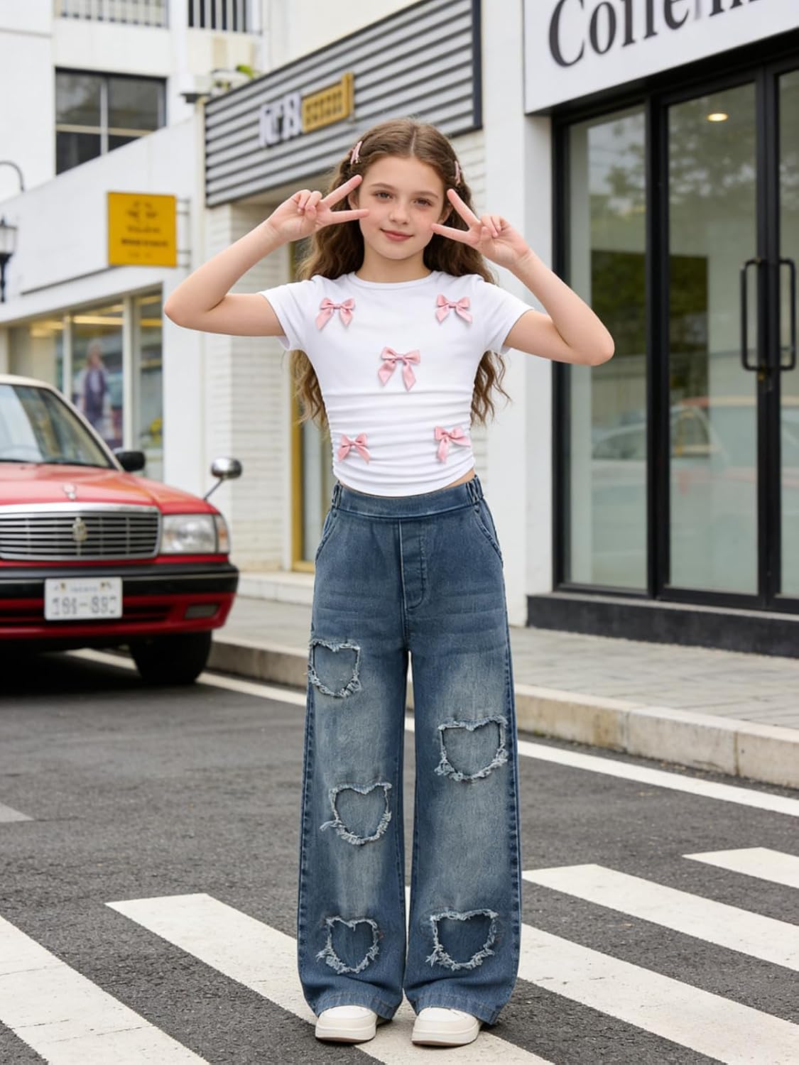 Size 7-14 Years Girls 2 Piece Outfits Bow Short-Sleeved Top and Jeans Pants Clothing Set